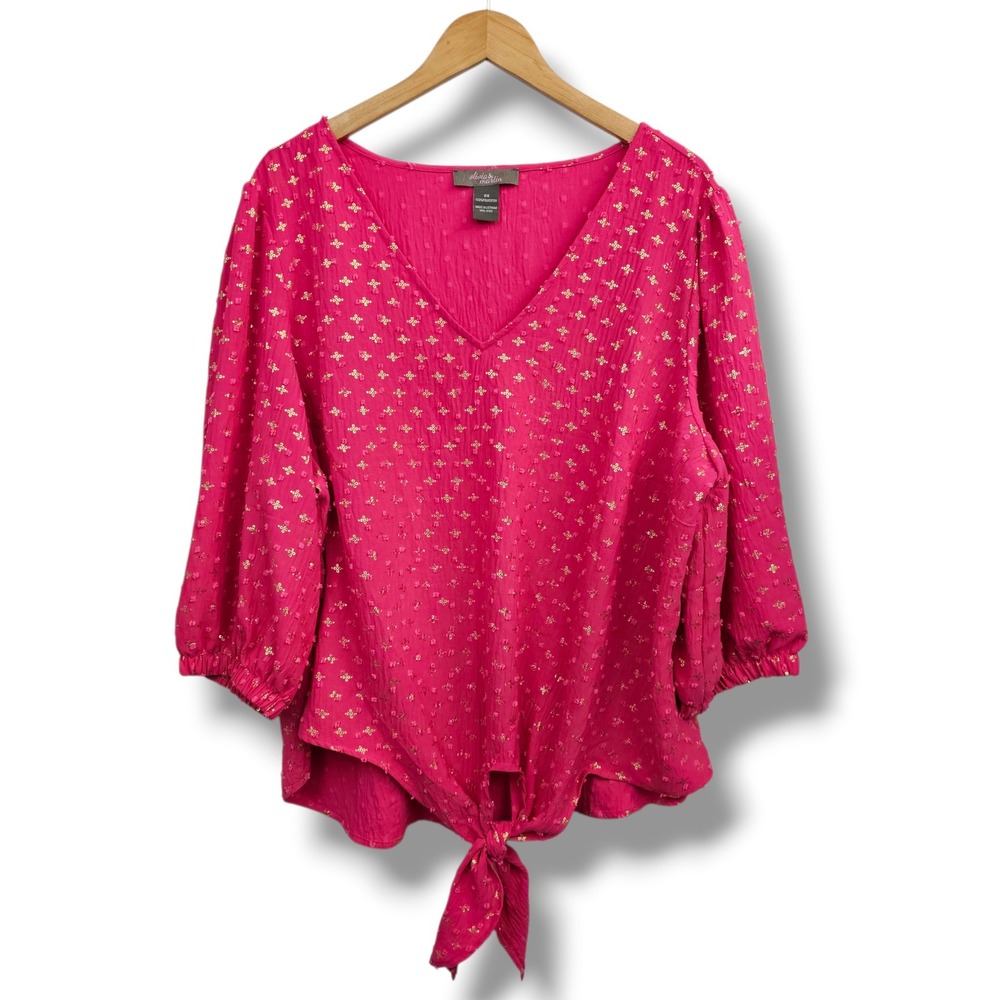 Olivia & Martin‎ Top 2X Womens Pink Gold Floral Textured Tie Front Whimsy Gypsy